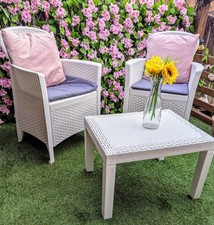 3pc Bistro Garden Furniture Set Table Chairs Cushions Rattan Effect White