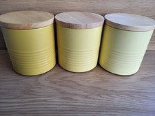 Tea Coffee Sugar Canisters Kitchen 3x Yellow metal with wooden lids