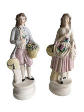 Antique Vintage Continental German Bisque Porcelain Statue Figurine Pair 23cm