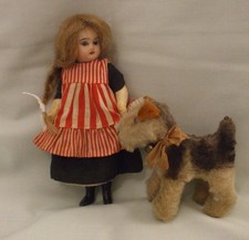 VERY SWEET 6" ANTIQUE BISQUE HEAD MIGNON DOLL & STEIFF AIREDALE TERRIER DOG VGC