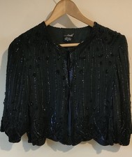 Size 12 cropped Black Indian Silk Evening Jacket with Bead and Sequin Work VGC