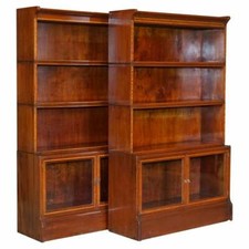 ANTIQUE PAIR OF WILLIAM BAKER CO MAHOGANY SATINWOOD & WALNUT LEGAL BOOKCASES