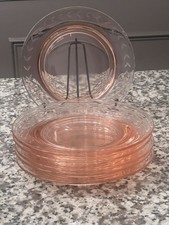 Set of 6 Pink Depression Glass Plates Etched Rim Vintage Anchor Hocking /Federal