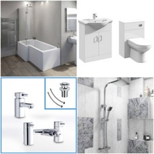 L Shaped Bathroom Suite 1700 Bath 650 Vanity Unit BTW Toilet WC Taps & Shower