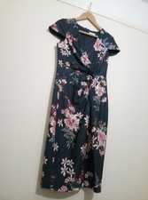 Monsoon Blue pink Floral fit & flare wrap dress UK Size 10 ruched, v neck