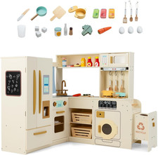 Kids Wooden Corner Play Kitchen Set Light Sounds 22Pc Accessories Pretend Cooker