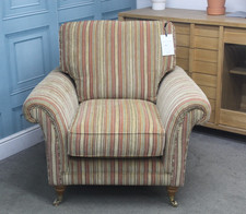 PARKER KNOLL BURGHLEY CHAIR IN BASLOW STRIPE GOLD FABRIC. RRP £1309.