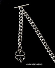 Lucky Four Leaf Clover Silver colour Single Albert pocket watch chain/fob Chain