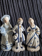 Vintage Blue & White Porcelain Figurines Colonial  Style Collectible Ornaments