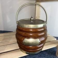 Antique Biscuit Barrel English Oak and Silver Plated with Porcelain Liner 16x15c