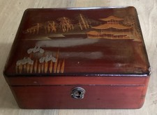 Antique Japanese Brown Lacquer Box with Pagoda and Tree Motif Needs A Tidy Up