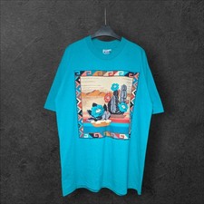 Men's Blue Vintage Hanes Embroided Flower Graphic Single Stitch T-shirt, XL