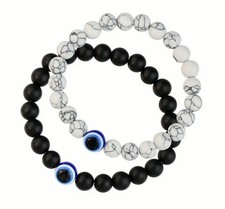 Casual Style Beaded Stretch Bracelets Set 2pcs, Artificial Stone Evil Eye Design