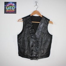 Vintage Womens Leather Waistcoat UK M Black Buttoned Western Vest 90s Pockets