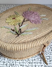 60s 70s Vintage Retro Woven Straw Raffia Flower Sewing Box Storage  Basket