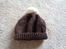 Doll / Teddy Bear Brown Hand Knitted Bobble Hat with Cream Pom Pom