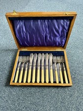 Vintage Set Of 6 Fish Knives/Forks JD & S, EPNS Faux Bone Handles Boxed