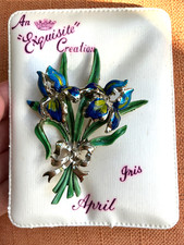 Vintage Exquisite Brooch, Blue Iris 1950s Birthday Series, Enamel Flower, signed