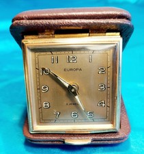 Vintage Travel Alarm Clock European 2 Jewels Movement Leather Folded Case Works