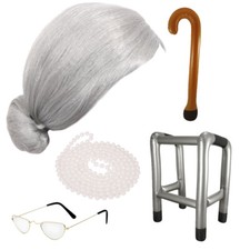 GRANNY OLD LADY FANCY DRESS COSTUME GREY WIG ZIMMER FRAME WALKING STICK PEARLS