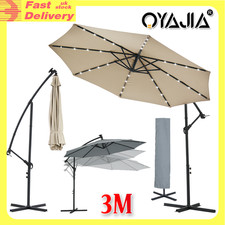 3M Banana Garden Parasol Sun Shade Patio Hanging Umbrella Cantilever w/ LED Lamp