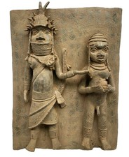 Fine Benin Bronze Warrior And Emada figure Plaque. Old, superb. 54cm. Nigeria.