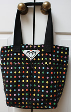 Roxy Tote Womens Black Canvas Bag Polka Dot Beach Campus Travel Books (ST)