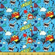 100% Cotton Fabric Blue Super Hero Smash Bang Pow Sound Effects 150cm Wide