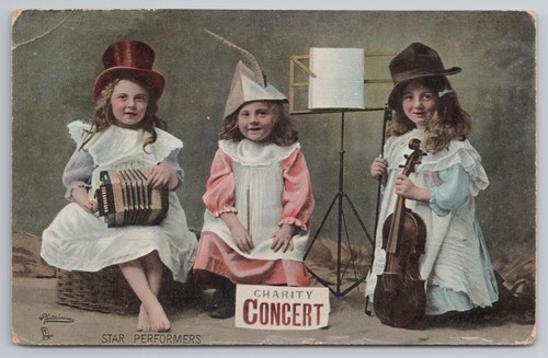 Postcard antique girl music