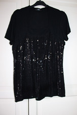 M&S Black Sequin Faux Layered Short Sleeve Shrug Top with Sequins, Size 12