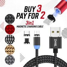 USB Cable 3 in 1 Magnetic Fast Sync Charger Charging All Phones Micro IOS Type-C