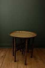 Vintage Brass Moroccan Tray Table with Hand-Carved English Wood Base 