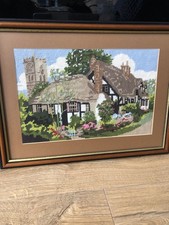 Vintage Framed Needlepoint Tapestry Countryside Scene Landscape Cottage core 