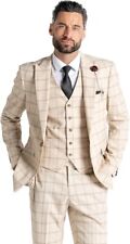 3-Piece Suit Sand with Brown Checks - Tailored Fit Blazer,Trousers Oxford