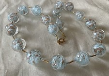 Vintage Necklace, Murano Glass Beads, Light Sky Blue & Gold