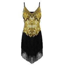 Women Sparkle Sequin Tassels Fringe Dance Dress Latin Tango Rumba Samba Costume