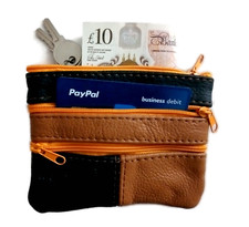 Cowhide Leather Coin Purse Wallet with 4 Zips & Key Ring Holder Fob