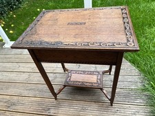 Antique Child's oak desk lovely carvings & initials for F.W.M.J or side table.