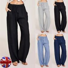 UK Womens Cotton Linen Wide Leg Pants Ladies Elasticated Waist Casual Trousers