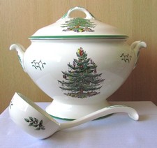 VINTAGE SPODE "CHRISTMAS TREE" FOOTED TWO HANDLED LIDDED TUREEN WITH LADLE