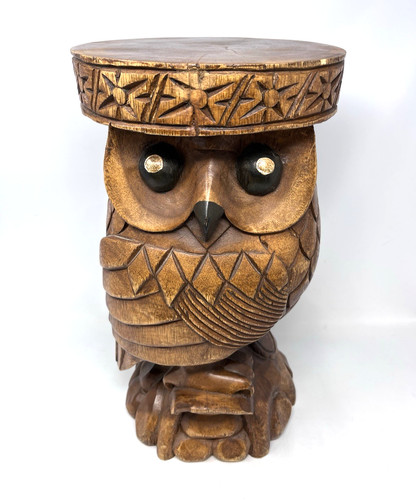 Wooden carved owl plant stand - carved,