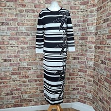 PREEN Jumper Dress Black White Striped UK 14 Midi Fitted Long Sleeve Bamboo