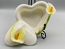 Vintage Graff Trinket Box Porcelain Heart Shaped Arum Lilly Flower Design