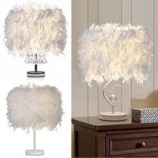 Feather Shade Table Lamp White Lampshade Elegant Bedside Night Light Bedroom UK