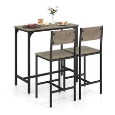 COSTWAY 3 Piece Bar Table Set Pub Dining Table & 2 Bar Stools w/ Backrest-Gray