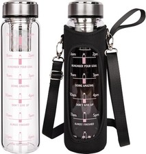 1l / 1000ml Glass Water Bottle with Time Markings, 1 Liter Tea Drinking Bottle 