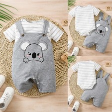 Newborn Baby Koala Print Striped Bodysuit Romper Jumpsuit Outfit Clothes Set