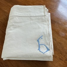 Monogrammed Large Vintage French Linen Beige Sheet Unused 216 X 307 cm