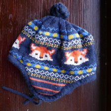 Frugi Bobble Hat & Scarf Set, Age 3-6 years, Navy, Fox Pattern