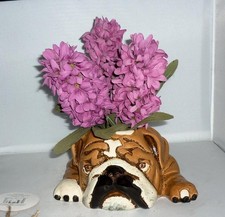 LOVELY VILLAGE POTTERY TOP DOG CERAMIC BULLDOG FLOWER POT PLANTER CACHE
